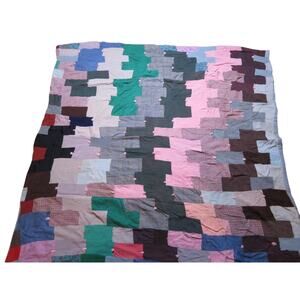 Patchwork Blanket Quilt Tied Block Top Gray Backing 70x57 Vintage